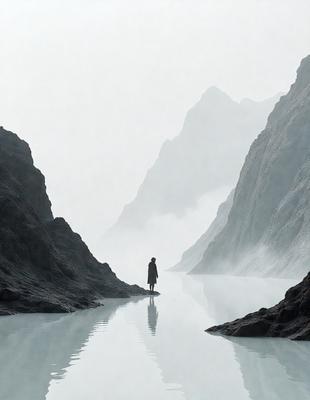 The primary subject of the image is a person standing on a rock near a body of water. The setting is a mountainous area with a large body of water, possibly a lake, and a rocky landscape. The visual style appears to be a photo, capturing the person and their surroundings in a natural environment. The colors and mood of the image are dominated by the natural tones of the rocky landscape and the water, creating a serene and peaceful atmosphere.